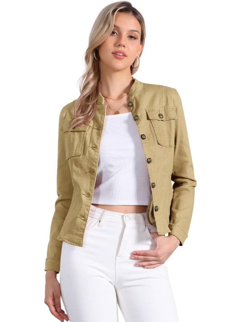 Women's Khaki Classic Stand Collar Long Sleeve Denim Jackets Flap Chest Pockets
